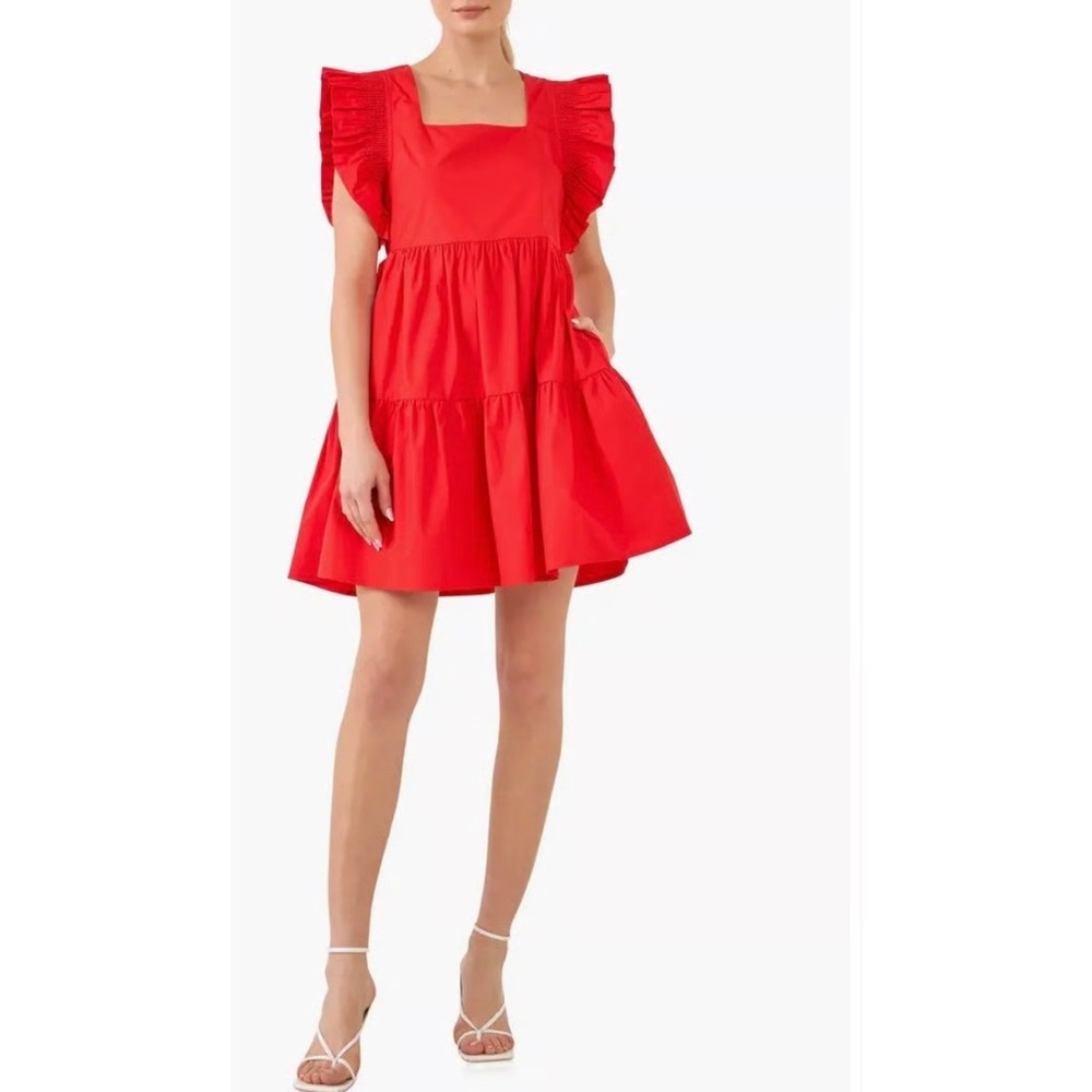 NWT English Factory Women’s Ruffled Dress with Smocked Detailing in Red - Picture 7 of 7
